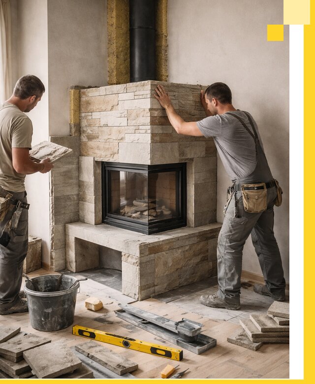 Угловые камины под ключ проект, монтаж и отделка в Сарапуле